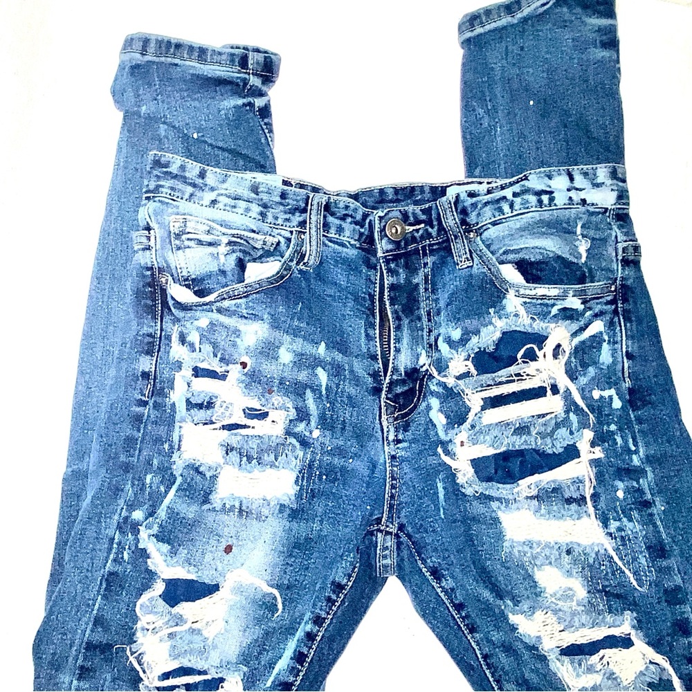 Distressed, Faded and slightly Splattered Blue Jeans by Smoke Rise DNM co. 32/32